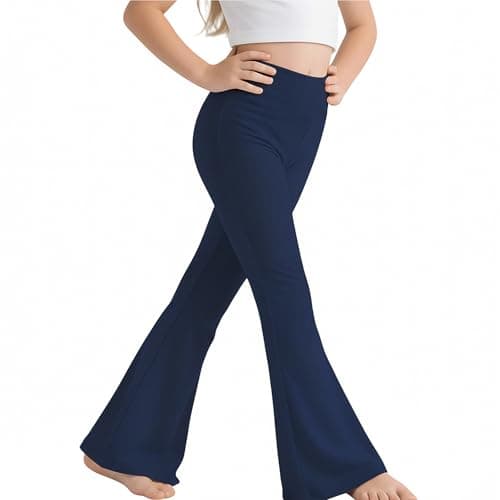 Image of Sahunfri Girls Flared Leggings High Waisted Tummy Control Yoga Pants for Kids, Breathable Stretchy School Trousers Suitable for Dance (UK, Age, 9 Years, 10 Years, Regular, Navy)