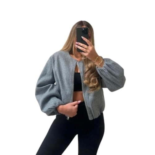 Image of Ranian's Ladies Womens Zip Bomber Jacket Long Balloon Puff Sleeve Zipper Jumper Crop Top (UK, Numeric, 8, 14, Regular, Regular, Grey)