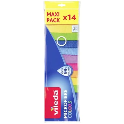Image of Vileda Microfibre Multi-Purpose Cloths Colours, Cleaning Cloths for Dry and Wet Use, 100% Microfibre Material, 30 x 30 cm, Multicoloured, Maxi Pack, Pack of 14