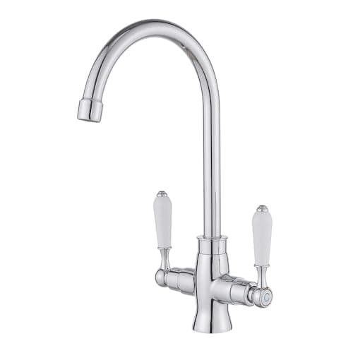 Image of Heable Kitchen Sink Mixer Tap Elegant White Ceramic Dual Lever Monobloc Swivel Spout Chrome Kitchen Taps with UK Standard Fittings