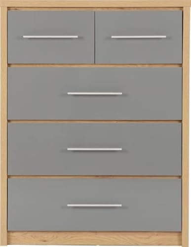 Image of Kelsey Stores Seville 3 Plus 2 Chest Of Drawers 5 Drawer Chest High Gloss With Pine Effect Bedroom Storage Unit (Grey High Gloss/Light Oak Effect Veneer)