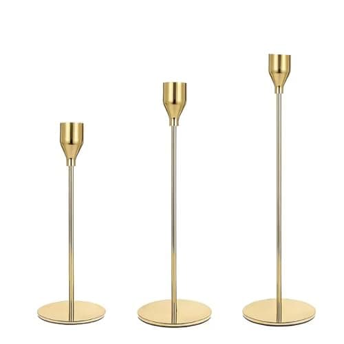 Image of Gold Candle Holders, Set of 3 Elegant Candlestick Holders for Table Decor, Tall Brass Candle Holders for Home and Wedding Centerpieces