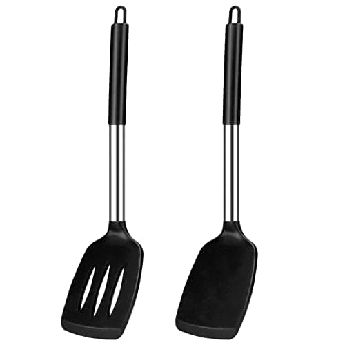 Image of Pack of 2 Large Silicone Cooking Spatulas, BPA Free Stainless Steel Kitchen Utensils for Baking, Frying, Stir-Fry, Non-Stick Non-Scratch Heat Resistant Slotted and Solid Spoonula (Black)