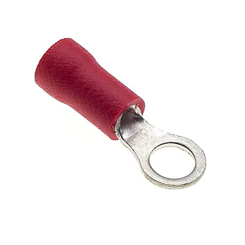 Image of Ring Crimp Terminal - Pack of 100, Red, 4mm, 25A, 22-16 AWG - Heat Shrink Ring Connectors, Tinned Copper Connectors, Insulated Ring Wire Terminals