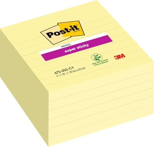 Image of Post-it Super Sticky Large Notes, Lined, 540 Sheets, Pack of 6 Pads, 101 mm x 101 mm - Holds Strong to Many Surfaces - Canary Yellow - for Walls, Monitors and Fridge, Recycable