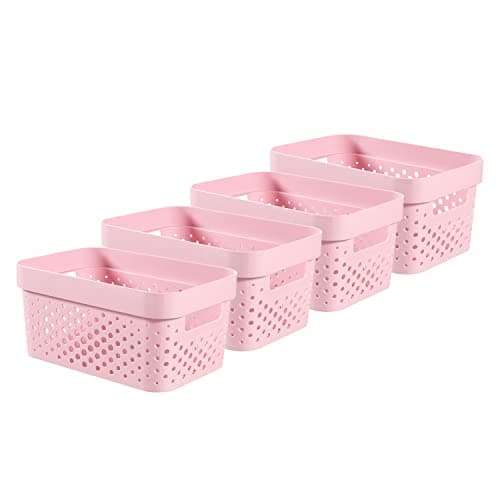 Image of Curver Infinity Dots Set of 4 Storage Baskets, 100% Recycled Resin, Nestable & Multifunctional, 4.5 Litre, Pink