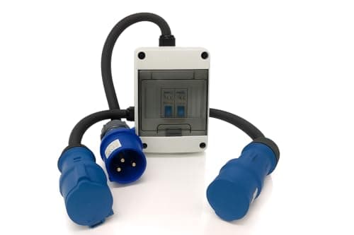 Image of 32A to 2 x 16A 3 Pin Single Phase Safe MCB Splitter Adaptor – 32A 3 Pin 230V Inlet to 2 x 16A 3 Pin Sockets – IEC 60309 2P+E – Industrial Distribution Box – PAT Tested