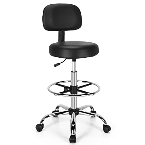Image of COSTWAY Ergonomic Drafting Chair, Height Adjustable Stool Swivel Office Chair with Backrest & Adjustable Footrest, Mid-Back Leather Padded Rolling Stool Task Desk Chair for Home Office Studio (1)