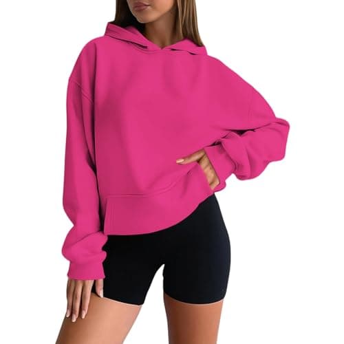 Image of Women's Classic Oversized Hoodies Fleece Pullover Sweatshirt Relaxed Fit Long Sleeve Soft Lightweight Loose Basic Cozy Warm Casual Versatile Hooded Tops With Pocket Hot Pink