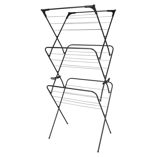 Image of Straame 3 Tier Clothes Airer Drying Indoor and Outdoor Laundry Rack with Non-Slip Feet and Corner Spaces for Hangers, Flat Foldable Space Saving, 63 x 46 138 (Black)