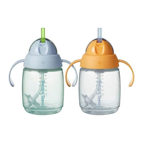 Image of Tommee Tippee Trainer Straw Cup, 240ml, Easy Transition Toddler Cup for 6 Months+, with Silicone Weighted Straw and Easy-Hold Handles, Blue and Orange, 2 Pack