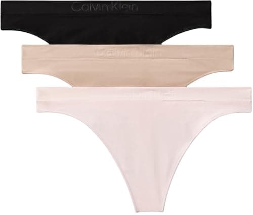 Image of Calvin Klein Women's 3 Pack Stretch Thongs, Multicolor (Black/Cedar/Eggshell), XL