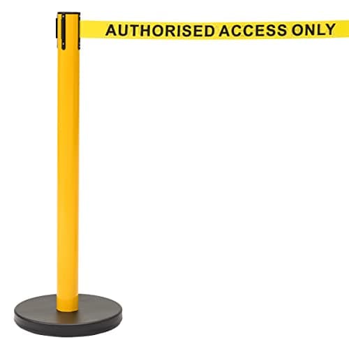 Image of Retractable Barrier Tape, Queuing Pull Out Safety Belt, Black Base (Yellow Post, Authorised Access Only' Belt)
