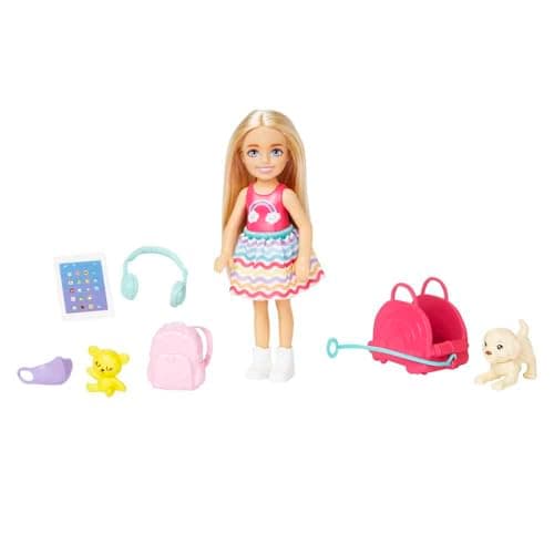 Image of Barbie Chelsea Small Doll & 6 Accessories, Travel Set with Puppy, Pet Carrier & Backpack that Opens & Closes, Blonde Hair, HJY17
