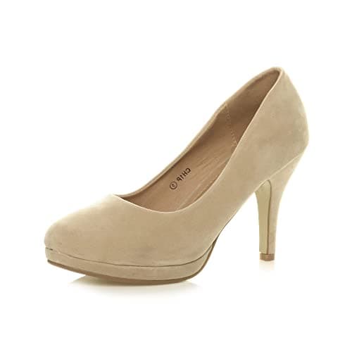 Image of Womens Ladies mid high Heel Platform Work Evening Court Shoes Pumps Size 5 38, Nude Suede, 5 UK
