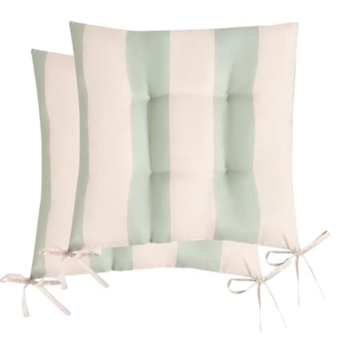 Image of OHS 2 Pack Seat Pads for Dining Chairs, Stripe Chair Cushions Soft Comfy Outdoor Cushions with Ties for Garden Furniture Bistro Chairs Kitchen Dining Chair Seat Pads, Sage/Cream - 40 x 40cm