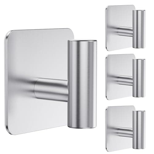 Image of Aikzik Large Self Adhesive Hooks - 26lb Max, Stick on Hooks Heavy Duty Stainless Steel, Strong Sticky Hooks for Hanging Coats, Bathrobes and Towels, Tea Towel Holder for Door or on Wall - 4 Pack