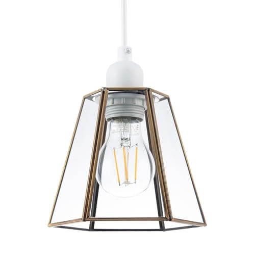 Image of Industrial Hexagonal Lantern Ceiling Pendant Lamp Shade in Antique Brass with Clear Glass Panels| 14cm x 16cm by Happy Homewares