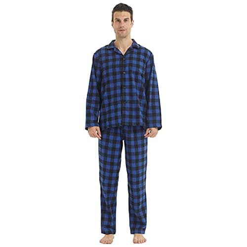 Image of LANBAOSI Men's Pajama Sets Long Sleeve Checked Lounge Wear Set Flannel Pyjamas Plaid Top and Bottoms 2 Piece Winter Cotton Nightwear