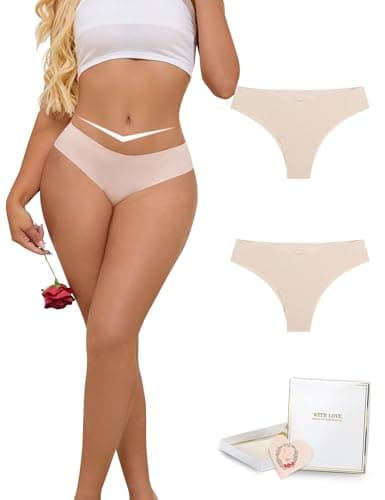 Image of ohyeahlady Seamless Thongs for Women Ladies V Waist No Vpl Knickers Sexy No Show High Leg Panties Low Rise Underwear Breathable Comfortable Pants Invisible Tangas 2 Pack Nude S