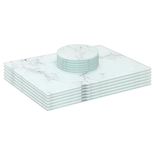 Image of Harbour Housewares Rectangle Glass Placemats & Round Coasters Set - 30cm x 20cm - Marble - 12pc Heat-Resistant Non-Slip Rectangle Home Kitchen Dining Table Dinner Plate Place Mat Mats Set