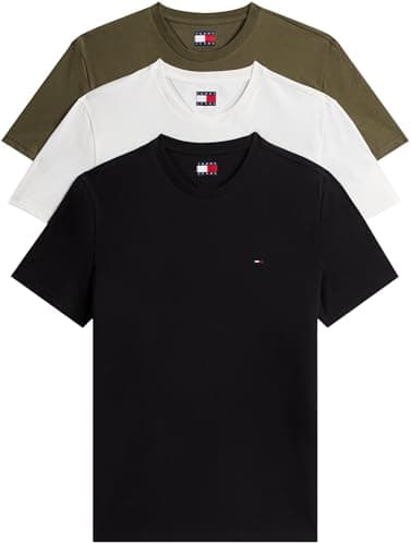 Image of Tommy Jeans Men's TJM Xslim 3 Pack Tee Ext Dm0Dm21579 S/S T-Shirt, Multi (Black/Dark Greenery/Ecru), XXL