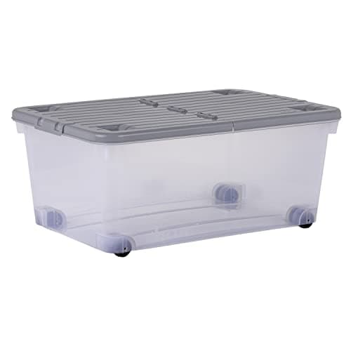 Image of Wham Wheel 5 x 45L Plastic Storage Boxes with Folding Lid & Wheels | Ideal for Home, Office, Toys & More | Large Boxes | Made in UK - Clear/Cool Grey