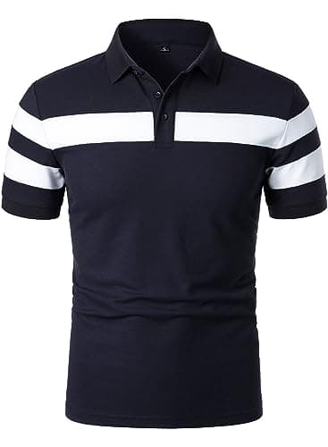 Image of HOOD CREW Men’s Short Sleeve Polo Shirt Striped Casual Tops Contrasting Colors T-Shirt Navy