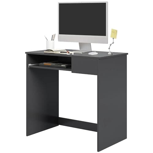 Image of HOMCOM 80cm Compact Computer Desk with Keyboard Tray, Home Office Desk with Drawer for Bedroom Study, Grey