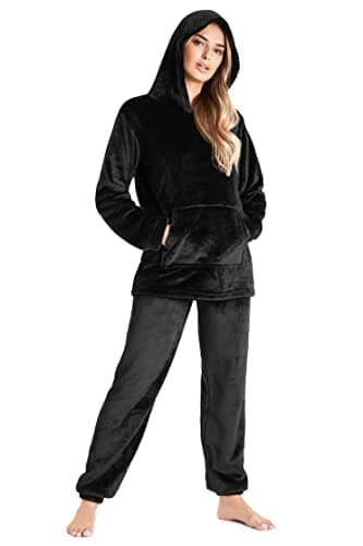 Image of CityComfort Pyjamas Set for Women and Teens Fleece Hooded Long PJs Warm Loungewear Fluffy Nightwear Soft Cosy Sleepwear Gifts for Her (Black, L)