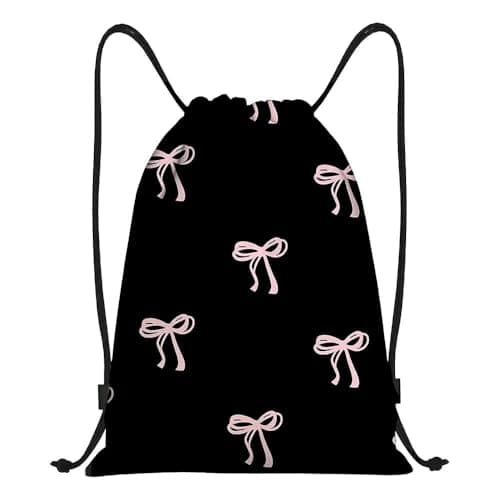 Image of Fakcrkun Bow Drawstring Bag, Coquette Girls Swimming Bag with Pink Bow Pattern, Cute Swim PE Bags for Women Girls Daily Outdoor Home School