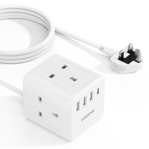 Image of 3M Extension Lead with 4 USB Slots, 4 Way (13A/3250W) Multi Plug Extension Cable, UK Desktop Power Extension Cord with Multi Socket, Extension Cable (White)