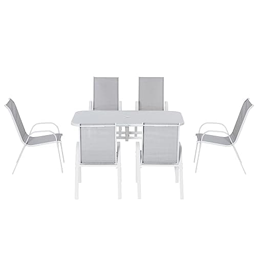 Image of Outsunny 7 Piece Garden Dining Set with Dining Table and Chairs, 6 Seater Outdoor Furniture with Parasol Hole for Deck and Balcony, Grey