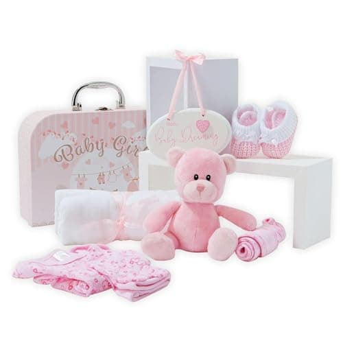 Image of Baby Box Shop - Baby Girl Gift Set, Newborn Essentials in Keepsake Hamper with Plush Pink Teddy Bear, Cotton Bodysuit, Booties, Hat, Bib, Muslin Cloth & Hanging Plaque – Baby Shower & New Parent Gift