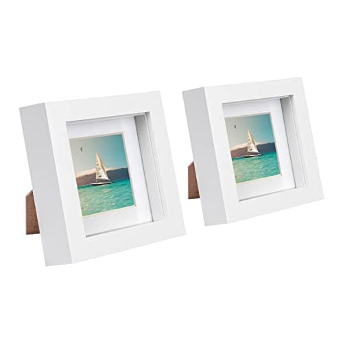 Image of Nicola Spring 2x White 4" x 4" 3D Box Photo Frames with White 2" x 2" Mount - Standing Hanging Craft Shadow Picture Display