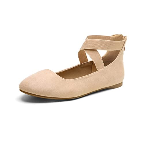 Image of DREAM PAIRS Womens Ballerina Flat Fashion Elastic Ankle Straps Cross Strap Round Toe Comfy Ballet Pumps Dolly Shoes,Size 7,Nude,Sole_Stretchy