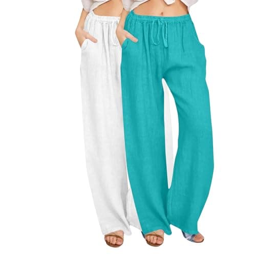 Image of Womens Navy Trousers Linen Culottes Loose Pants Yoga Pants White Cotton Womens Ladies Loose Jogger White Trousers Women