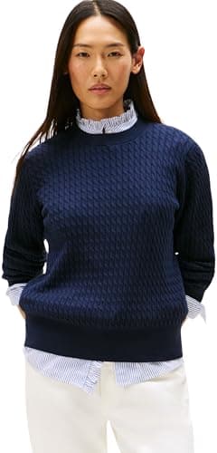 Image of Tommy Hilfiger Women’s Fine Cable Knit Jumper, Blue (Dark Night Navy Gs Tipping), L