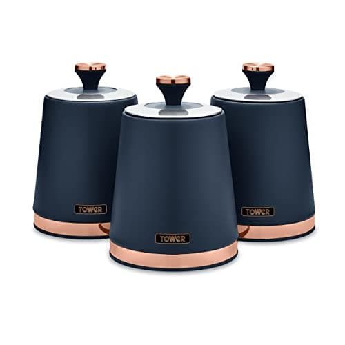 Image of Tower T826131MNB Cavaletto Set of 3 Storage Canisters for Tea/Coffee/Sugar, Steel, Midnight Blue and Rose Gold