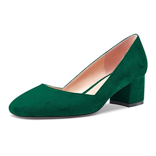 Image of Castamere Women Low Chunky Block Heel Close Square Toe Slip-on Dress Pumps Court Shoe Classic Cute Wedding 5 CM Heels Dark Green Suede 8 UK