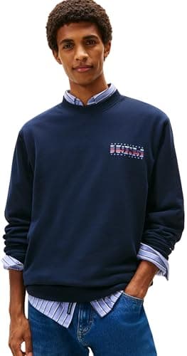 Image of Tommy Jeans Men's TJM Reg Entry DNA Play Crew Ext Dm0Dm22377 Pullover Sweatshirt, Blue (Dark Night Navy), M
