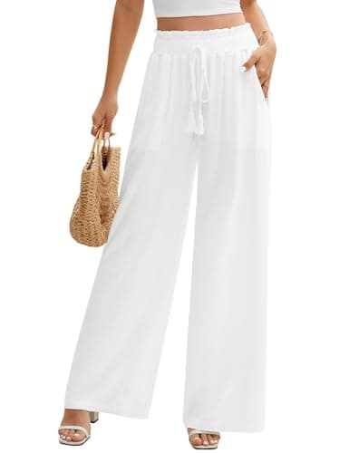 Image of PASUDA Womens Cotton Linen Trousers Summer Ladies Elegant Flowy Wide Leg Pants Casual Baggy Elastic High Waist Trousers with Pockets Loose Lounge Pants (Beige, L)