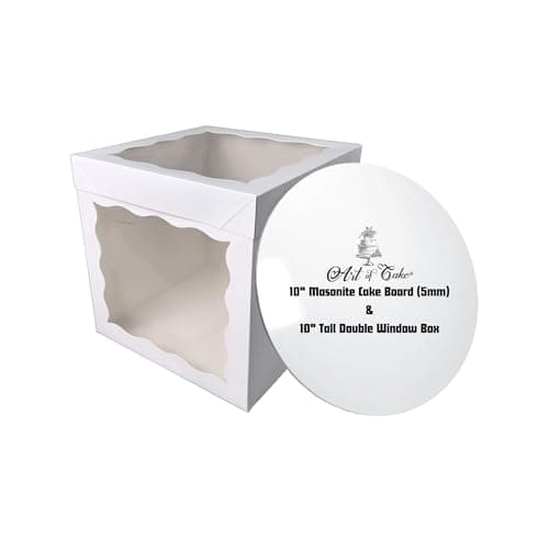 Image of Art of Cake® 10 Inch Round Masonite Cake Board & 2 Sided Window Tall Cake Box Combo - 5mm Thick Cake Drum with Matching Box - For Tiered Birthday Wedding Celebration Cakes (254mm)