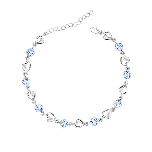 Image of Luckimoli Silver Bracelet for Women,925 Silver Heart Bracelet Shiny Crystal Diamond Adjustable Bracelet Mother's Day Jewelry Gift Birthday Christmas Gifts for Women Mom Wife Girls, Blue