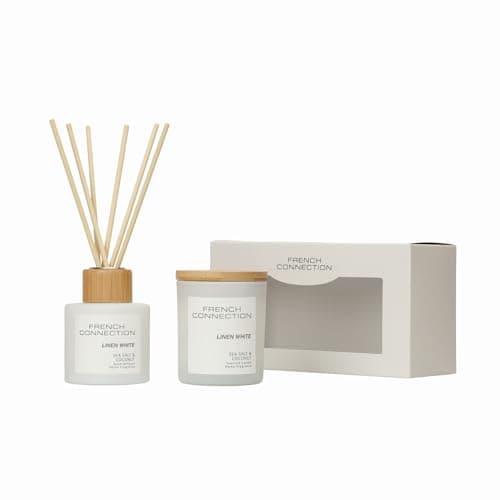 Image of French Connection Pastel Collection Scented Reed Diffuser & Candle Gift Set | Luxury Home Fragrance | (Set-100ML & 141G, Sea Salt & Coconut)