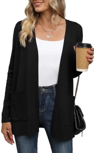 Image of Yommay Cardigan for Women Loose Casual Lightweight Ladies Long Sleeve V-Neck Knitted Sweaters with Pockets,Black,Large