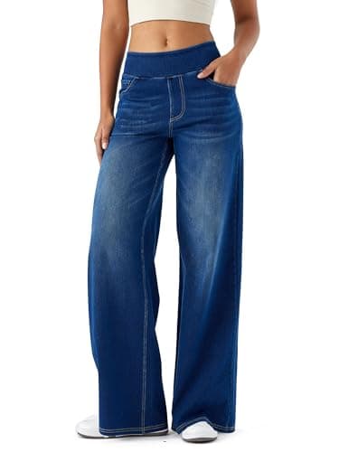 Image of LaiEr Women's Relaxed Fit Casual Wide-Leg Jeans,High Waisted and Slimming with Multiple Pockets,Straight Tube,Loose fit,Cat Whisker,Marbling wash Craft,High Elasticity Casual Jeans(DarkBlueS)