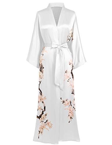 Image of BABEYOND Kimono Dressing Gown Floral Printed Kimono Robe Long Satin Kimono Dress Cover Up for Women Wedding Pyjamas Party 135cm/53inches (White)