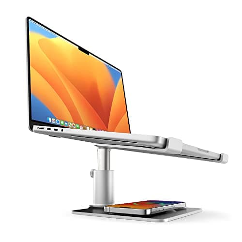 Image of Twelve South HiRise Pro Laptop Stand, MacBook Pro Stand - Adjustable Aluminium Laptop Holder with MagSafe Wireless Charging Pad for iPhone or Airpods, Fits Laptops, Laptop Desk Riser, Silver
