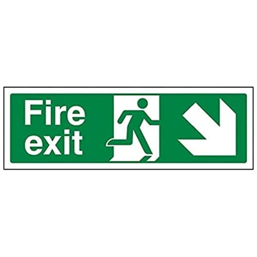 Image of V Safety 14006AX-R Fire Exit Arrow Down Right Sign - Landscape - 300mm x 100mm - 1mm Rigid Plastic, Green